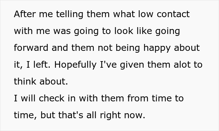 Text passage about setting low contact boundaries, related to conflict and refusal to invite a bully to wedding.