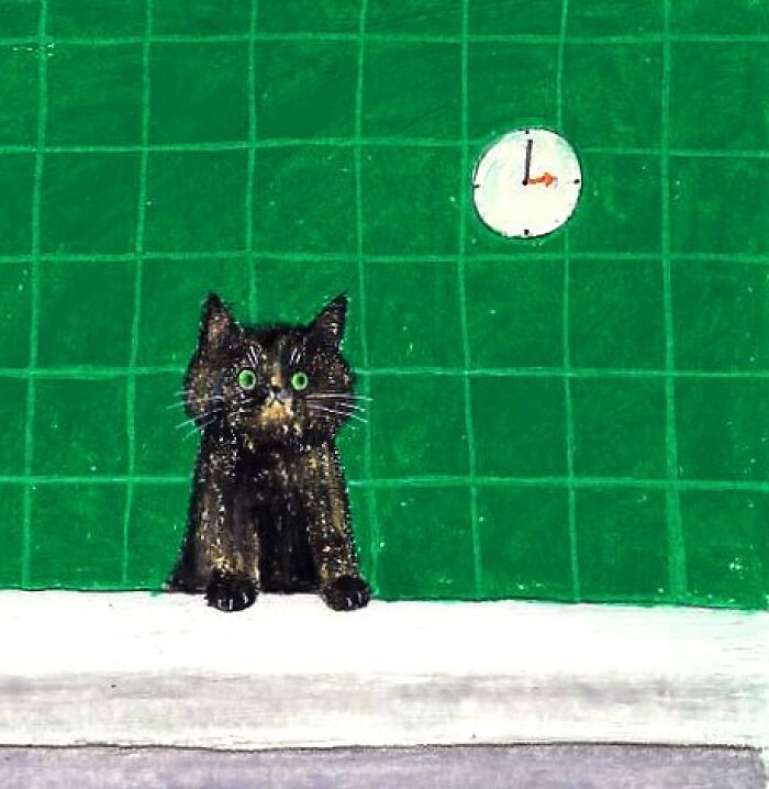 Black cat with green eyes sitting by a green tiled wall and clock, adorable artwork for cat lovers style.