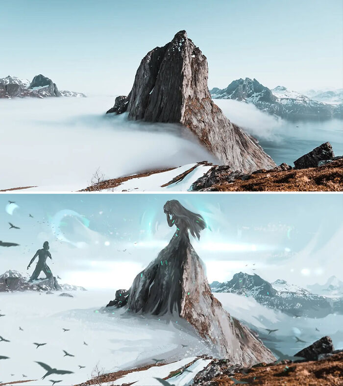 Mountain peak above clouds in nature photo and its transformation into a fantastical world by repainting photos.