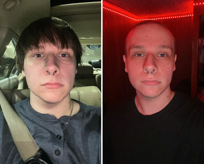 Side-by-side hair transformation showing a young man with medium brown hair before and a shaved head after.