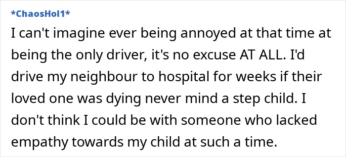 Text post from a user expressing frustration about a mom’s partner refusing to drive a teen to the hospital for their sick father. Text post from a user expressing frustration about a mom’s partner refusing to drive a teen to the hospital for their sick father.