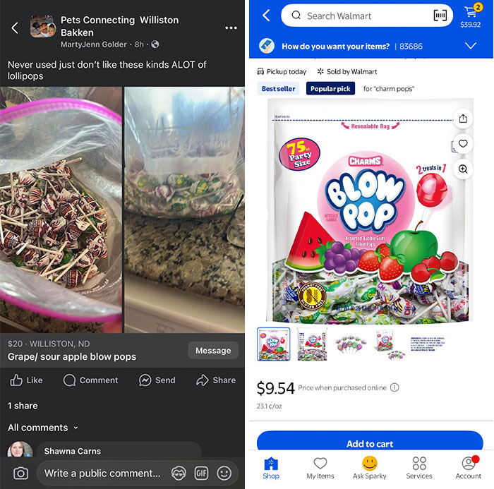 Unusual items for sale on Facebook Marketplace featuring grape sour apple blow pops and Charm Blow Pop candy pack.