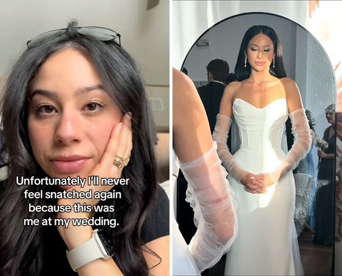 Young woman sharing her glow downs trend, showing a casual selfie and a glamorous wedding photo side by side.