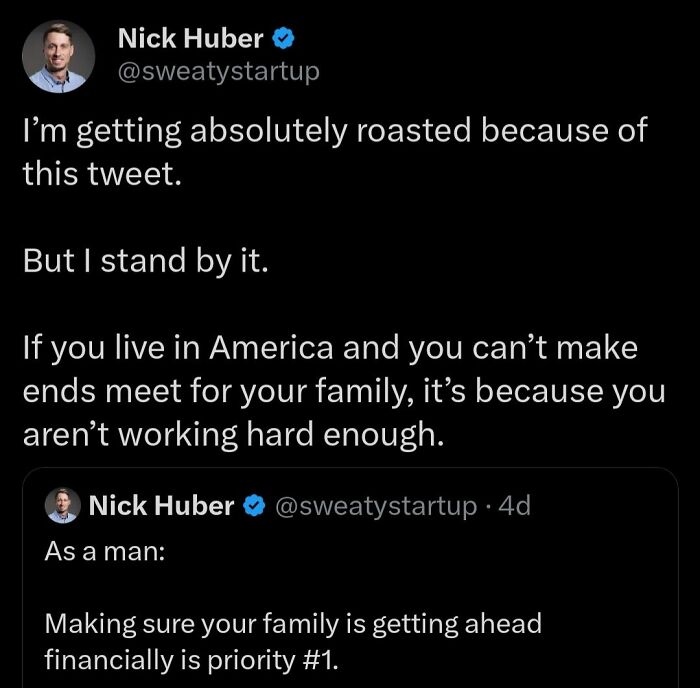 Screenshot of a controversial tweet sharing a hot take on family finances and hard work in America.