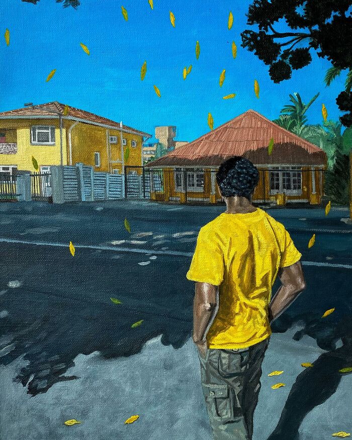 A painting showing a person in a yellow shirt standing outdoors, highlighting colours, space, and identity themes.