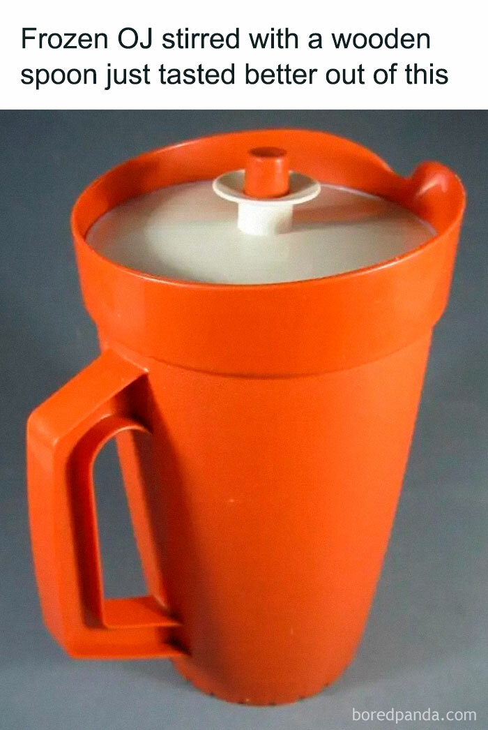 Vintage orange plastic insulated pitcher with lid, featured in popular posts celebrating the good old 80s nostalgia.