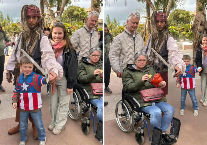 Photoshop edits showing a group with Captain Jack Sparrow and a child in Captain America costume in a theme park setting.