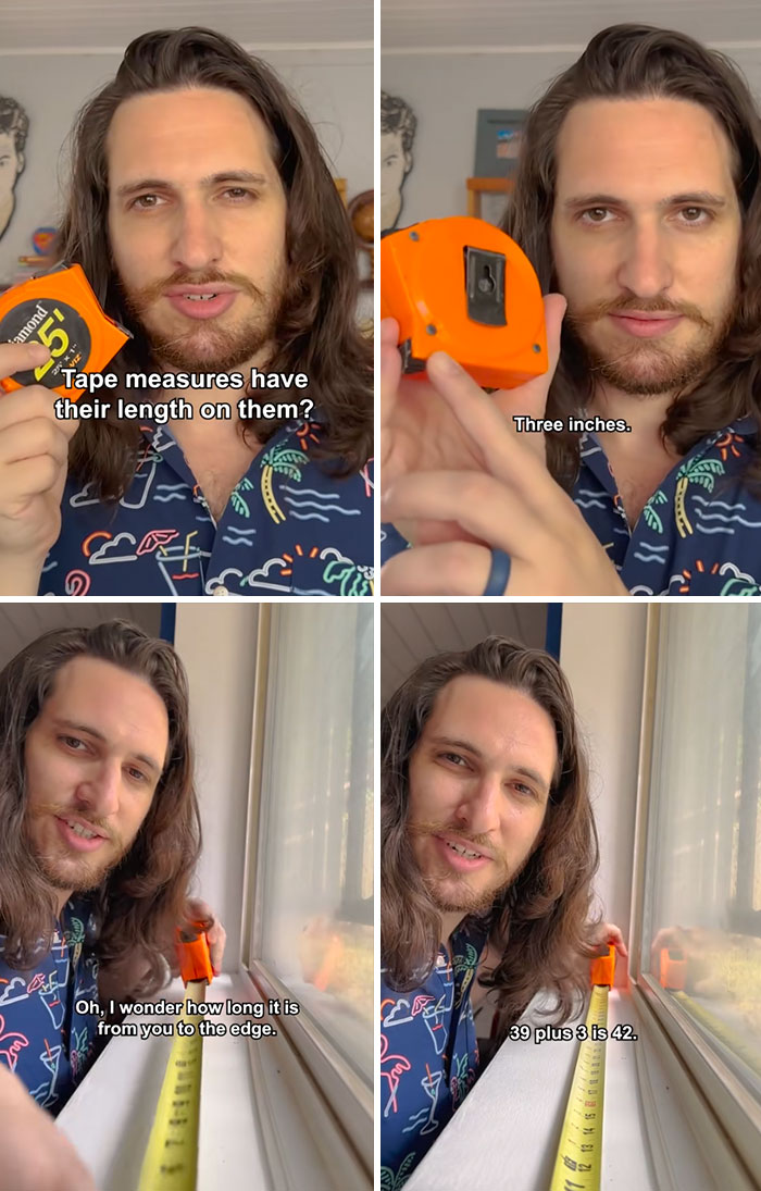 Man demonstrating hidden length on tape measures, sharing helpful tips and surprising facts in a casual indoor setting