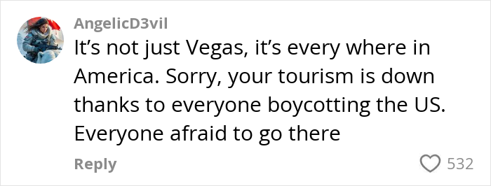 Comment expressing concern about the US losing money in the tourism sector due to declining visitors and boycotts.