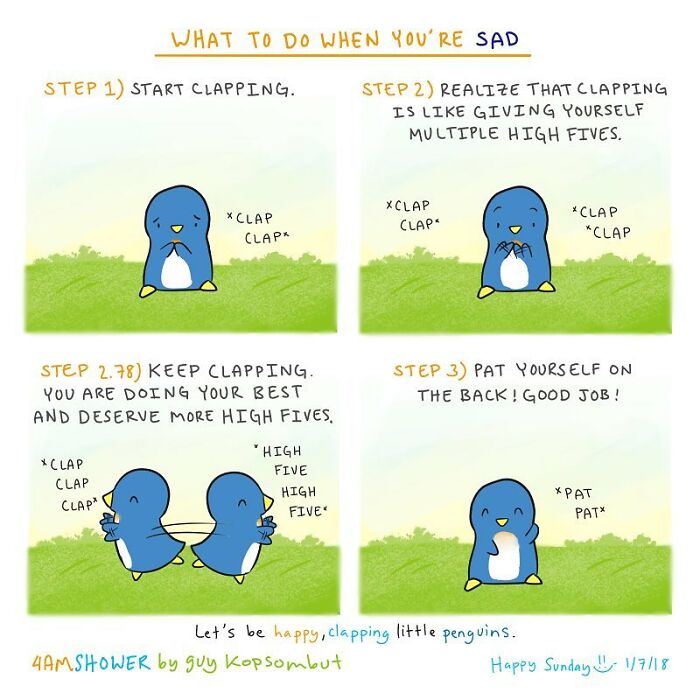 Lighthearted animal comic shows a blue penguin clapping to cheer up and encourage self-smiling and positivity.