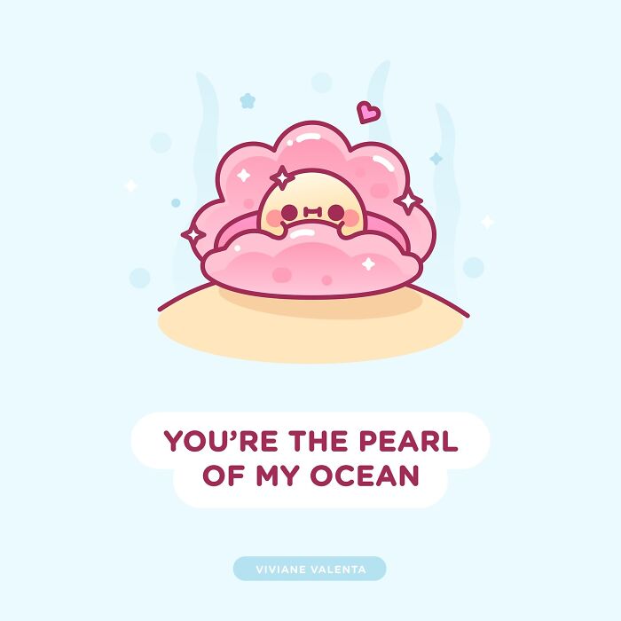 Cute illustration of a pearl in a pink oyster with a heart, part of food puns and cute frogs by Viviane Valenta.