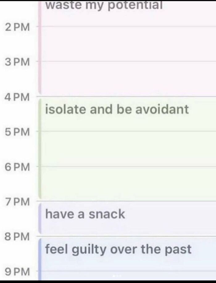 Daily schedule showing times for isolating, avoiding, snacking, and feeling guilty, illustrating a funny mental breakdown routine.
