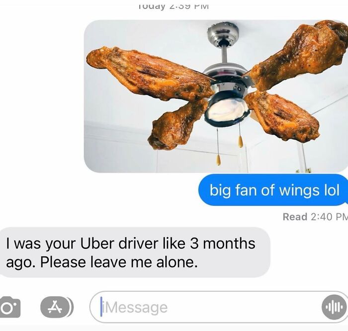 Text message exchange including a funny meme of chicken wings as fan blades with a humorous reply.