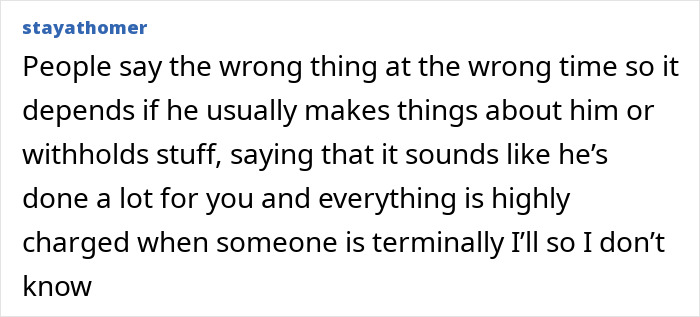Text post from user stayathomer discussing emotional challenges when a teen tries to say goodbye to a sick father. Text post from user stayathomer discussing emotional challenges when a teen tries to say goodbye to a sick father.