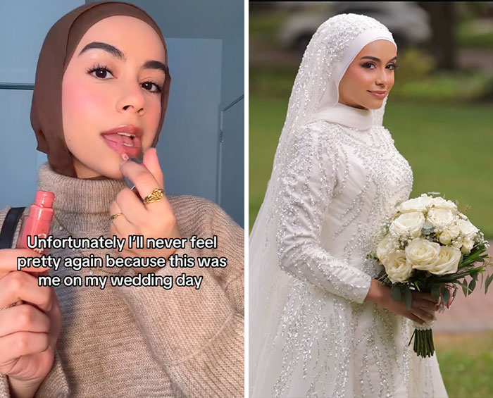 Young woman sharing her glow downs trend, applying makeup and dressed in a white embellished bridal gown outdoors.