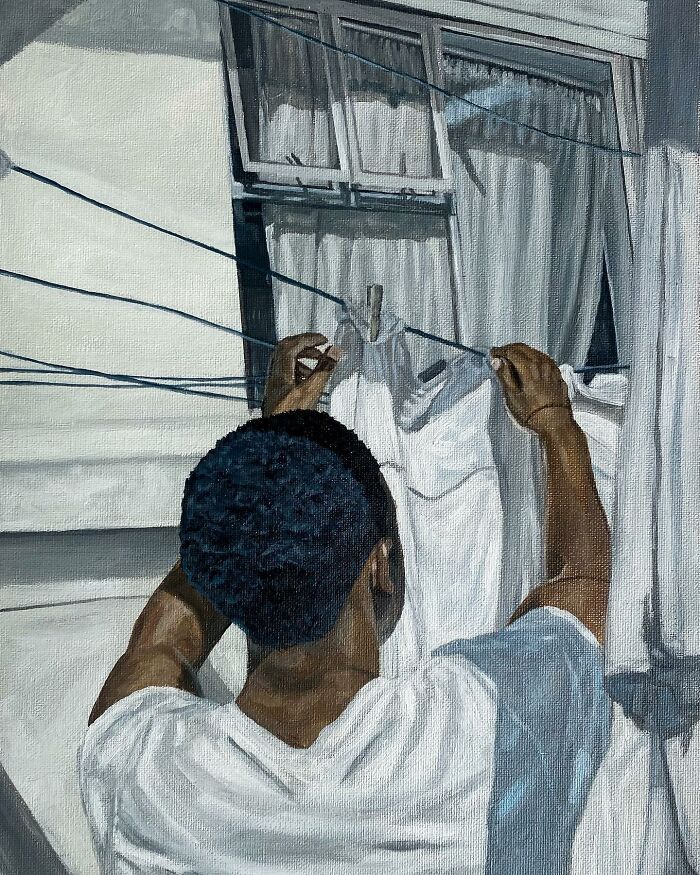 Person hanging white clothes on a line in a painting exploring colours, space, and identity themes.