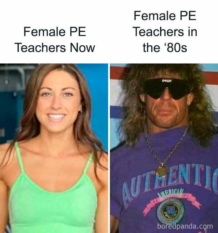 Side-by-side comparison of female PE teachers now and in the 80s, celebrating the good old 80s nostalgia.