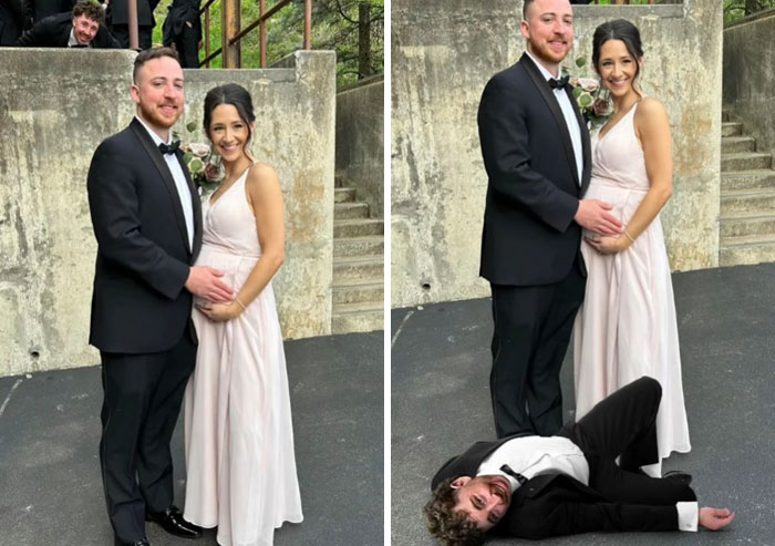 Couple dressed formally posing for a photo with a hilarious Photoshop edit showing a man lying on the ground humorously.