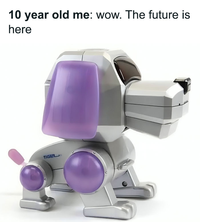 Retro robotic dog toy with purple accents symbolizing nostalgic memories from childhood years.