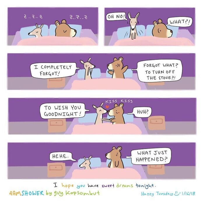 Lighthearted animal comic showing a deer and bear sharing a sweet goodnight moment in bed.