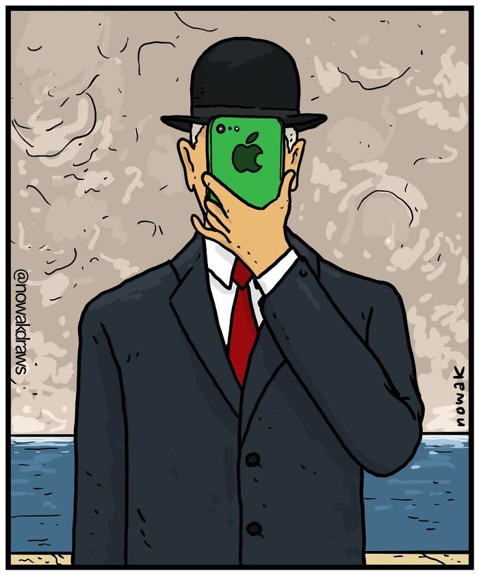 Illustration of an artist with a peculiar sense of humor holding a green phone in front of his face wearing a hat and suit.