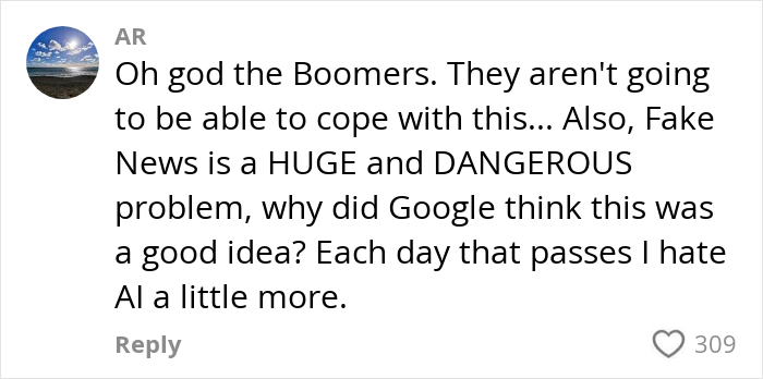 Comment expressing concern over fake news and AI as Google creates AI model for realistic videos, sparking mixed reactions.