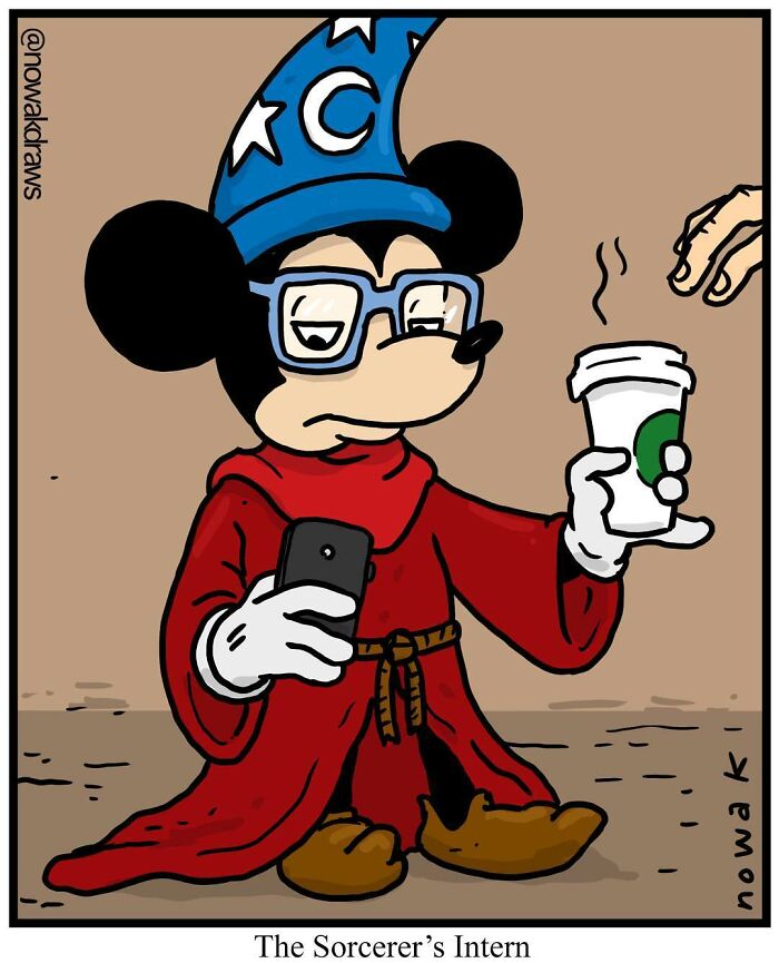 Cartoon by artist with peculiar sense of humor shows a sorcerer character holding coffee and phone in a humorous comic style.