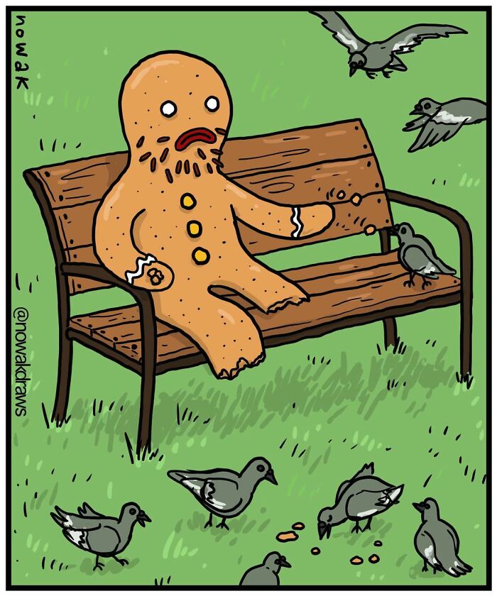 Absurd comic of a sad gingerbread man feeding birds on a park bench by artist with peculiar sense of humor.