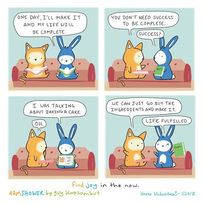 Lighthearted animal comic showing a cat and rabbit discussing life, success, and baking on a couch.