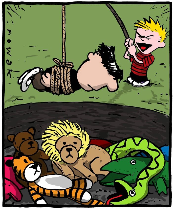 Comic panel by artist with peculiar sense of humor showing absurd scene of child swinging another child tied with rope above stuffed animals.