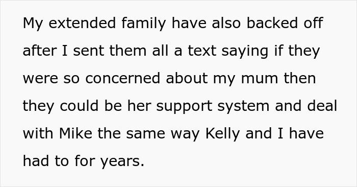 Text excerpt about extended family support and dealing with a bully related to a wedding conflict.