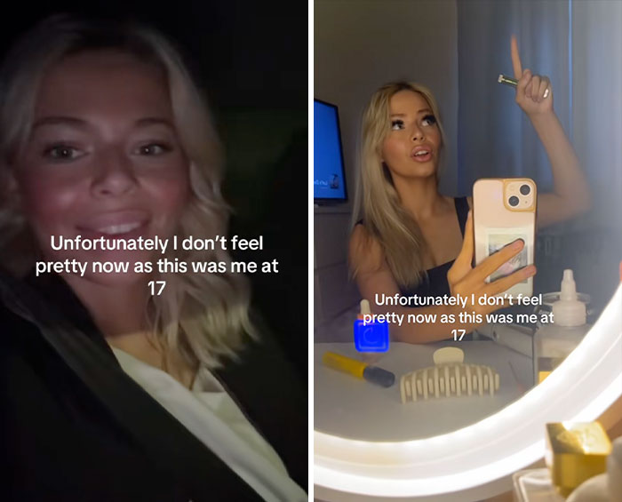 Two women sharing personal glow downs trend, reflecting on feeling less pretty compared to their younger selves at 17.