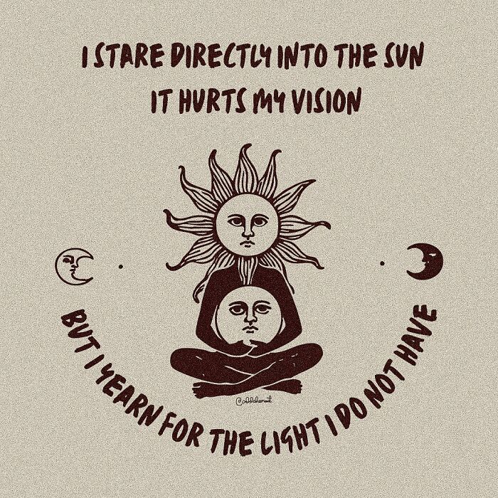 Art therapy illustration showing a meditative figure with sun and moon faces expressing vulnerable thoughts.