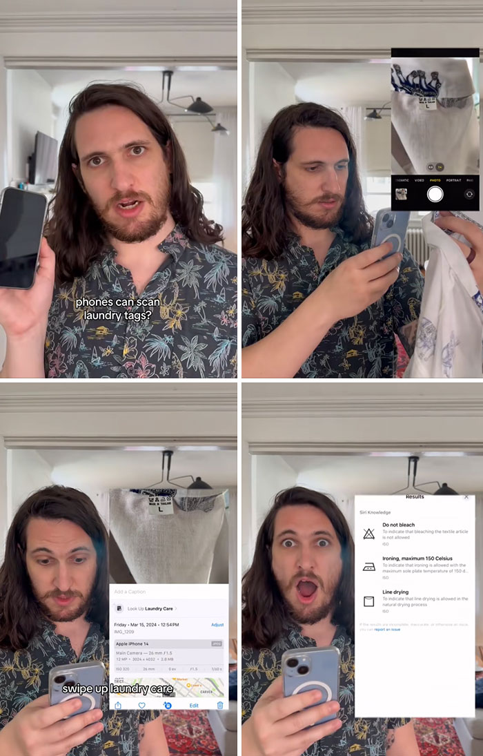 Man demonstrating how phones can scan laundry tags to reveal care instructions using a smartphone camera and app features.
