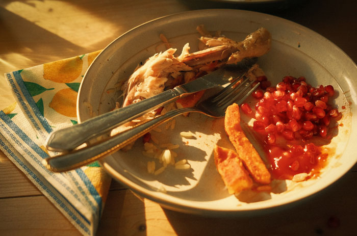 Plate with leftover chicken bones, rice, fries, and ketchup, illustrating weird habits from being raised poor.