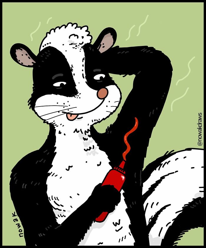 Cartoon skunk with peculiar sense of humor squirting red condiment in a comic full of absurdity and wit.