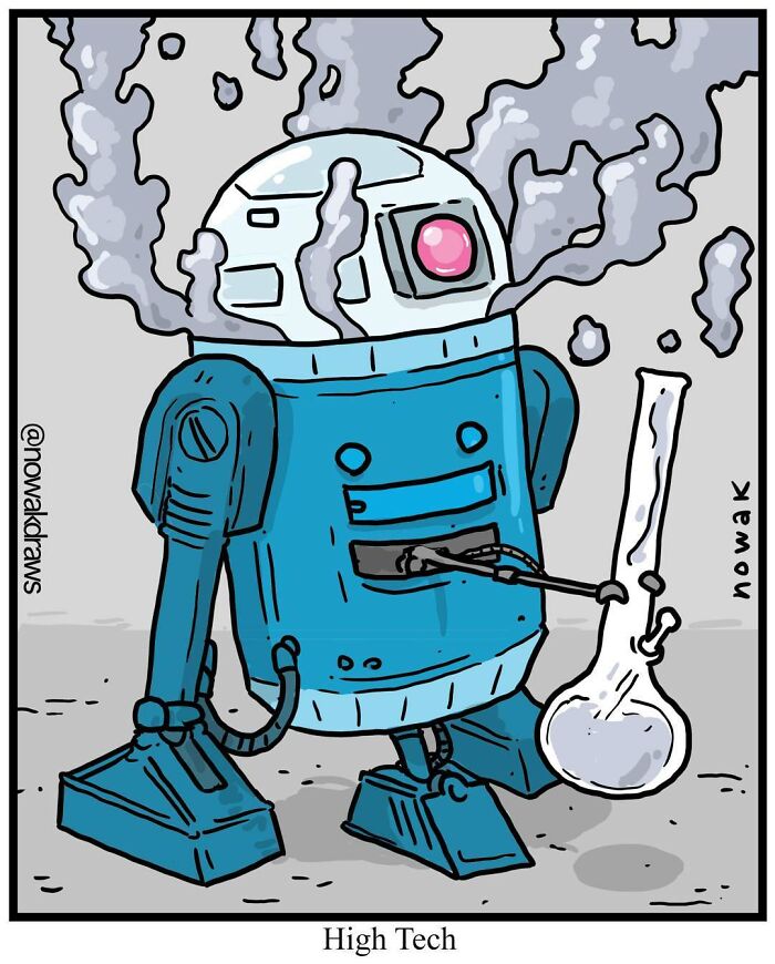 Robot cartoon in a comic style by artist with peculiar sense of humor, depicting absurdity through smoking device and smoke.