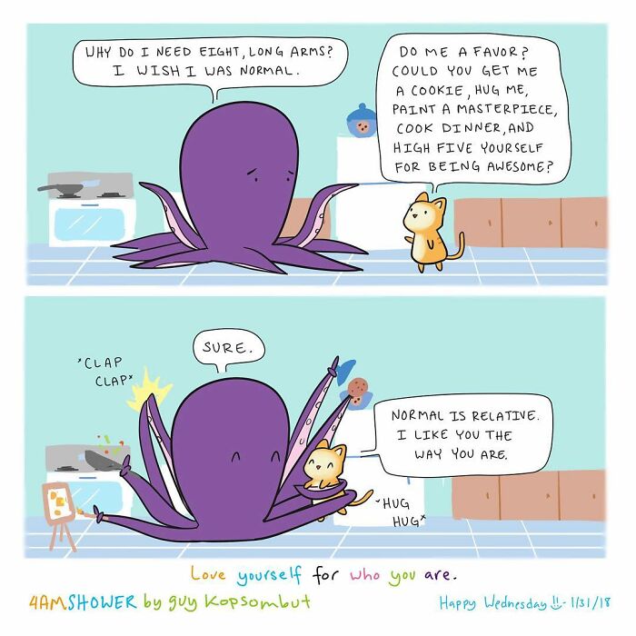 Lighthearted animal comics featuring an octopus and cat sharing a message about normal and self-acceptance.