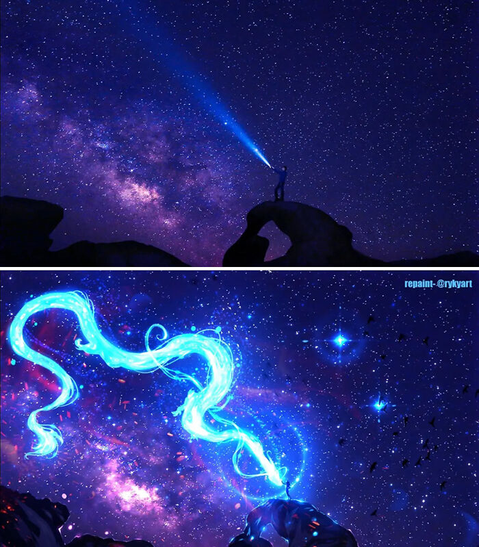 Person standing on rock under starry night sky with flashlight beam, then transformed into a fantastical painted cosmic scene.