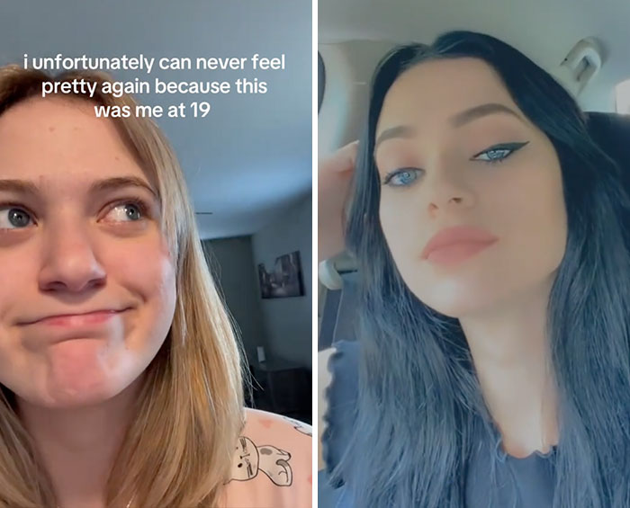 Two women showing glow downs trend, one with blonde hair making a face, the other with black hair and makeup.