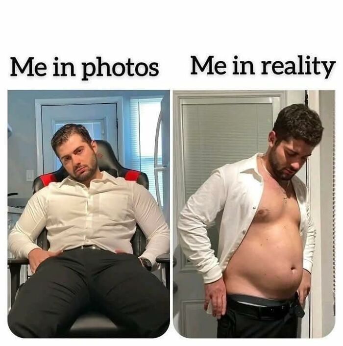 Side-by-side funny post showing man looking fit in photos but out of shape in reality, perfect for humorous posts to share.