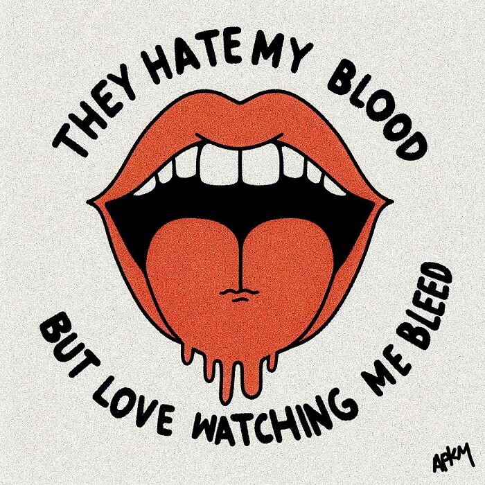 Illustration of an open mouth with a dripping tongue, expressing vulnerable thoughts through art therapy.