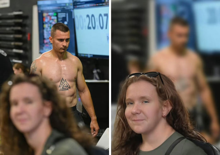 Man with tribal tattoo and muscular build in gym, with woman smiling in foreground, showcasing hilarious Photoshop edits.