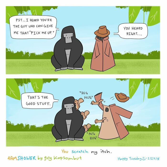 Lighthearted animal comic with a gorilla and a cloaked figure sharing a playful moment about a pick-me-up.