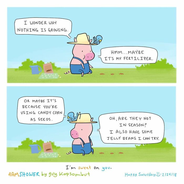 Lighthearted animal comic showing a pig and bird discussing gardening with candy corn seeds and fertilizer.