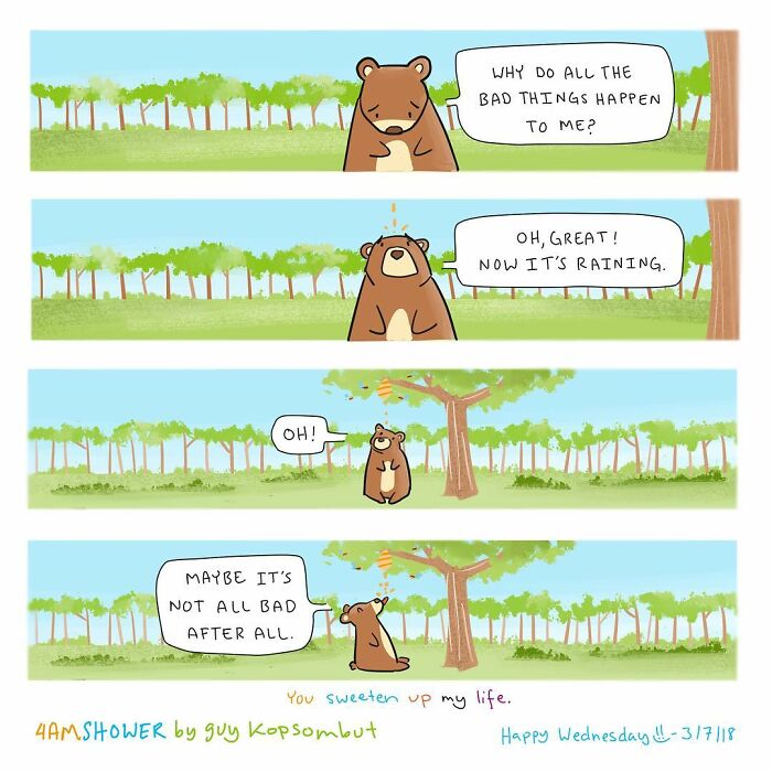 Bear in a lighthearted animal comic reflecting on rain and finding hope in difficult moments.