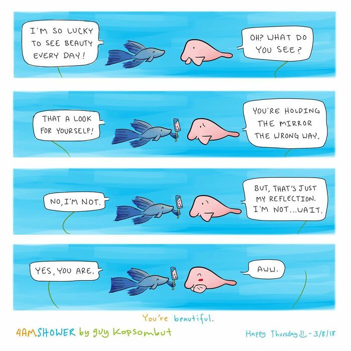 Lighthearted animal comics showing a fish and dolphin in a heartwarming conversation about beauty and reflection.