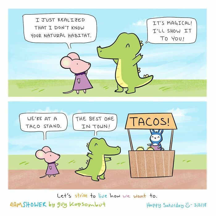 Lighthearted animal comics featuring a mouse and crocodile at a taco stand, bringing smiles and joy.