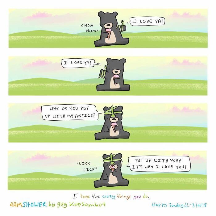 Cute bear comic strip showing lighthearted animal comics with love and playful antics in a colorful outdoor setting.