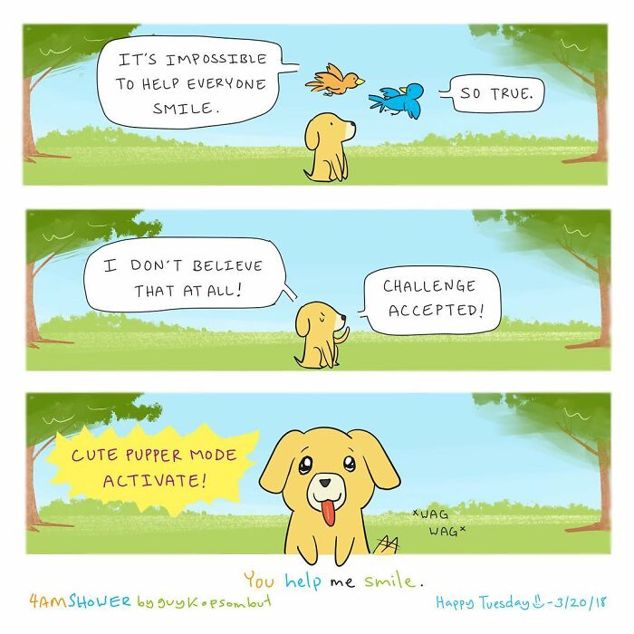 Lighthearted animal comic featuring a dog and birds discussing a goal to help one person smile.